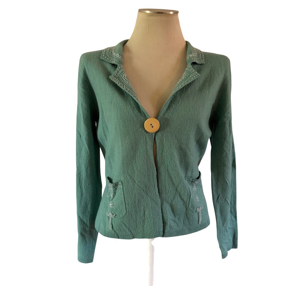 Vtg NWT Teal Green Beaded Boiled Wool Cardigan Sz L Coquette Cottagecore Granny